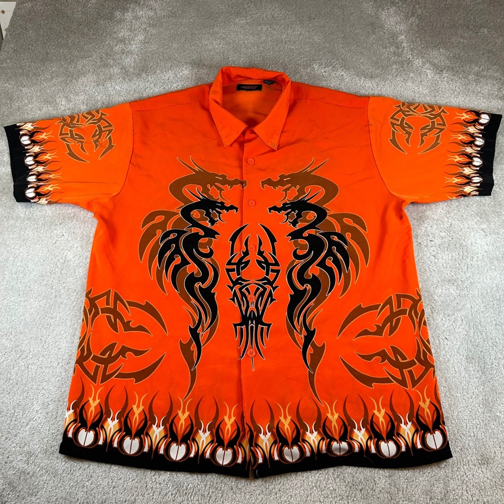 VTG Amplify Button Up Shirt Mens L Orange Tribal Dragon Flame Y2K Short Sleeve